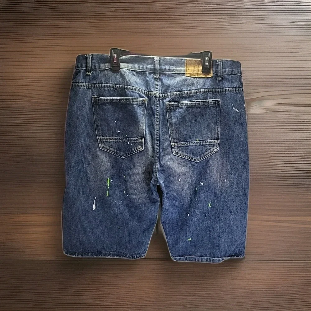 Jeanius‎ Akademiks Shorts Mens 40 Blue Paint Splatter Denim Distressed Baggy Y2K